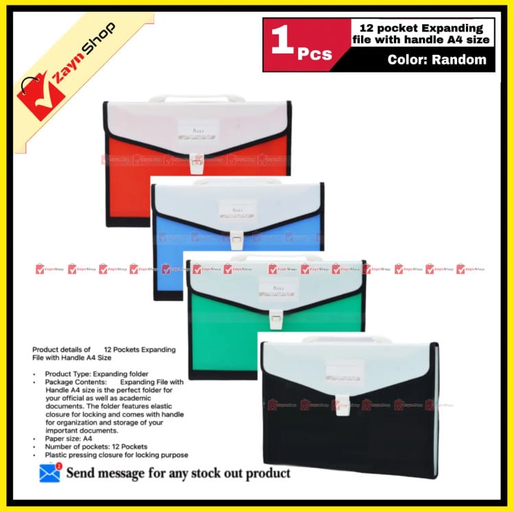 Expanding Pocket File with Handle 12 Pockets A4 Size Random Color 1 Pcs