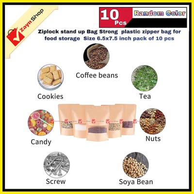 Ziplock stand up Bag Strong plastic zipper bag for food storage Size 6.5x7.5 inch pack of 10 pcs_img_1