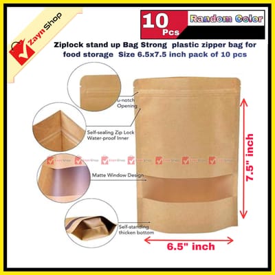 Ziplock stand up Bag Strong plastic zipper bag for food storage Size 6.5x7.5 inch pack of 10 pcs_img_2