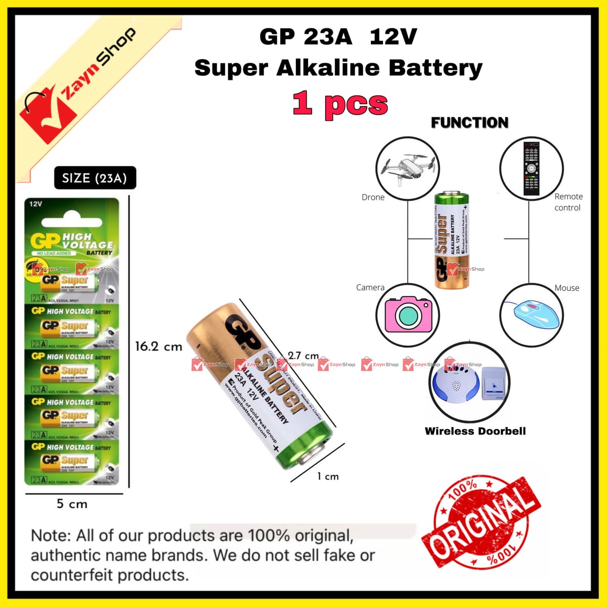 GP 23A 12V Alkaline Battery High Voltage 1pcs Use for Wireless Door Bell / Remote Control/Alarms