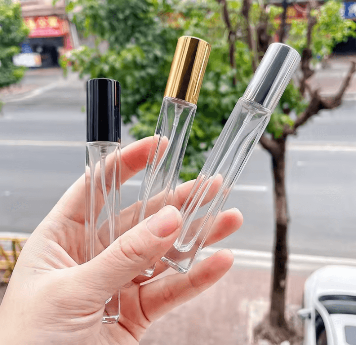 Empty 10ml Perfume Atomizer Refillable Spray Glass Bottle Slim long Square shape Transparent Random color cap 1 pcs
