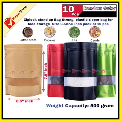 Ziplock stand up Bag Strong plastic zipper bag for food storage Size 6.5x7.5 inch pack of 10 pcs_img_3