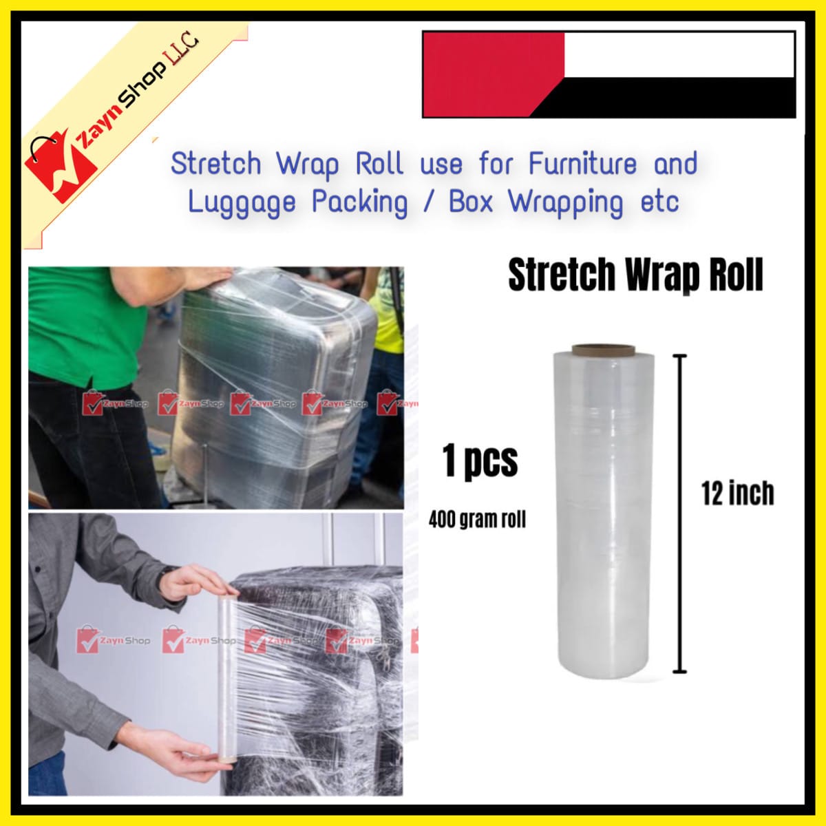 Stretch Plastic Wrap 400gram 1 Roll 12 inch , LLDPE Wrapping Stretch Film Roll, Perfect For Luggage, Box and other Goods Wrapping.